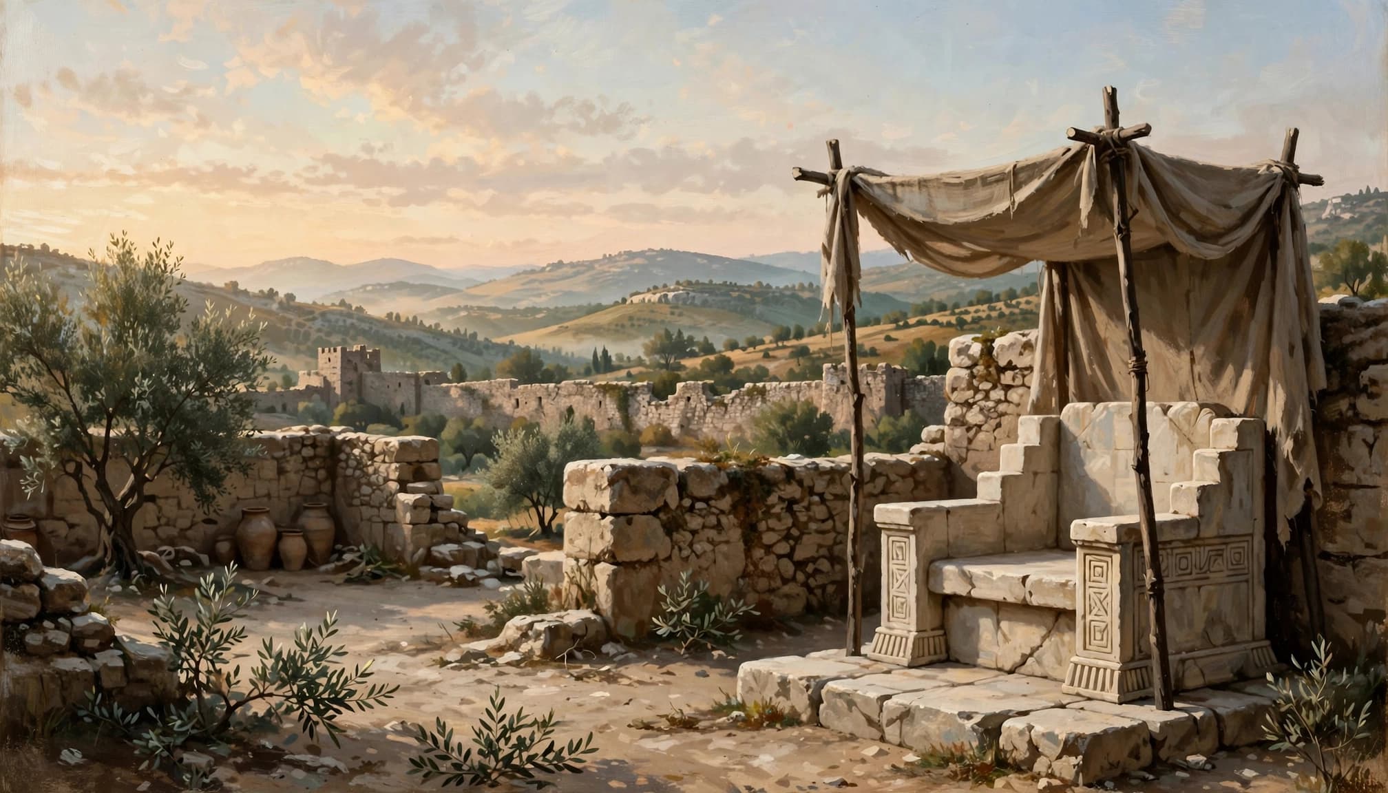 An ancient stone throne under a fabric canopy overlooking hills at dawn.