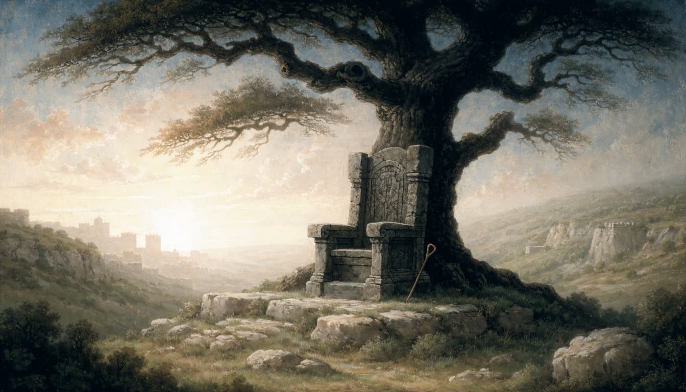 A stone throne beneath a large tree on a hill at sunrise with a shepherd's staff.