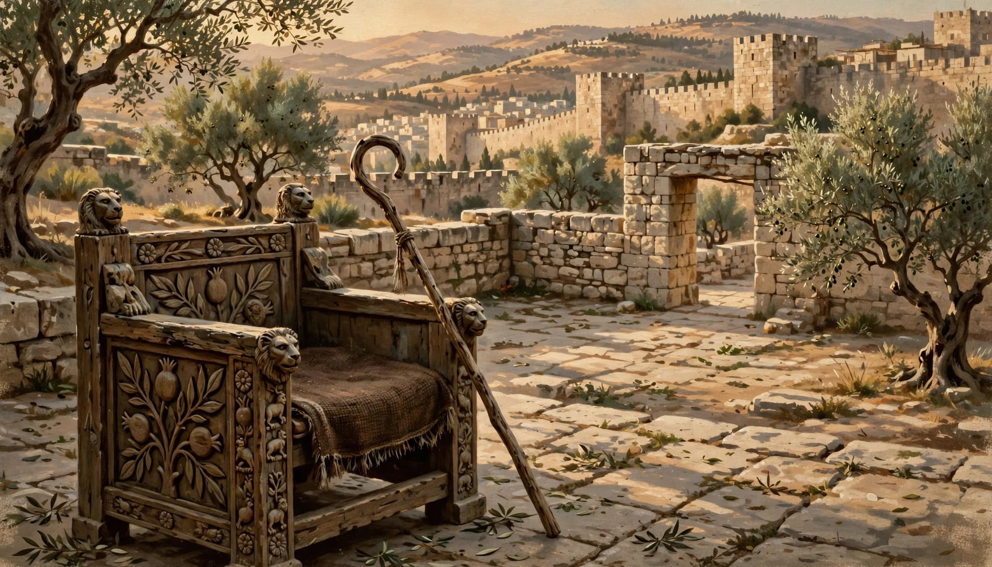 A stone courtyard in historic Jerusalem with an ornate wooden throne and a shepherd's staff.