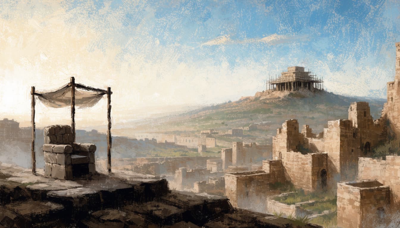 A painterly illustration of an empty stone throne under a canopy overlooking an ancient city and temple.