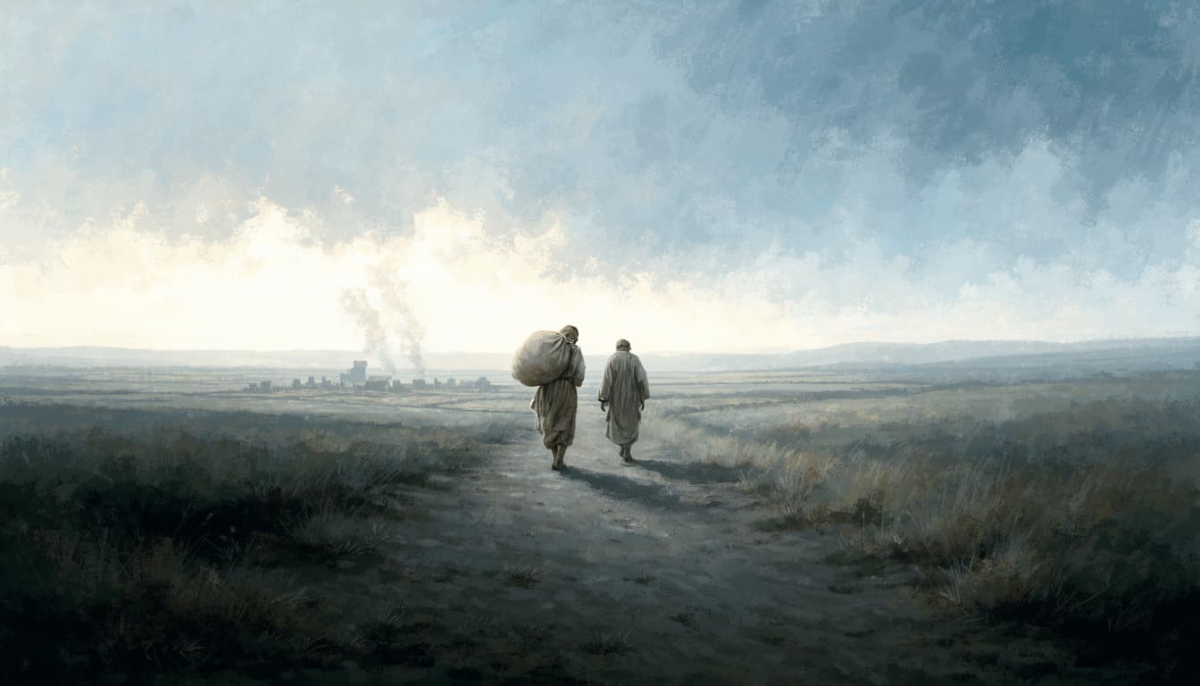 Two people seen from behind walk along a rural path across an expansive landscape under a cloudy sky.