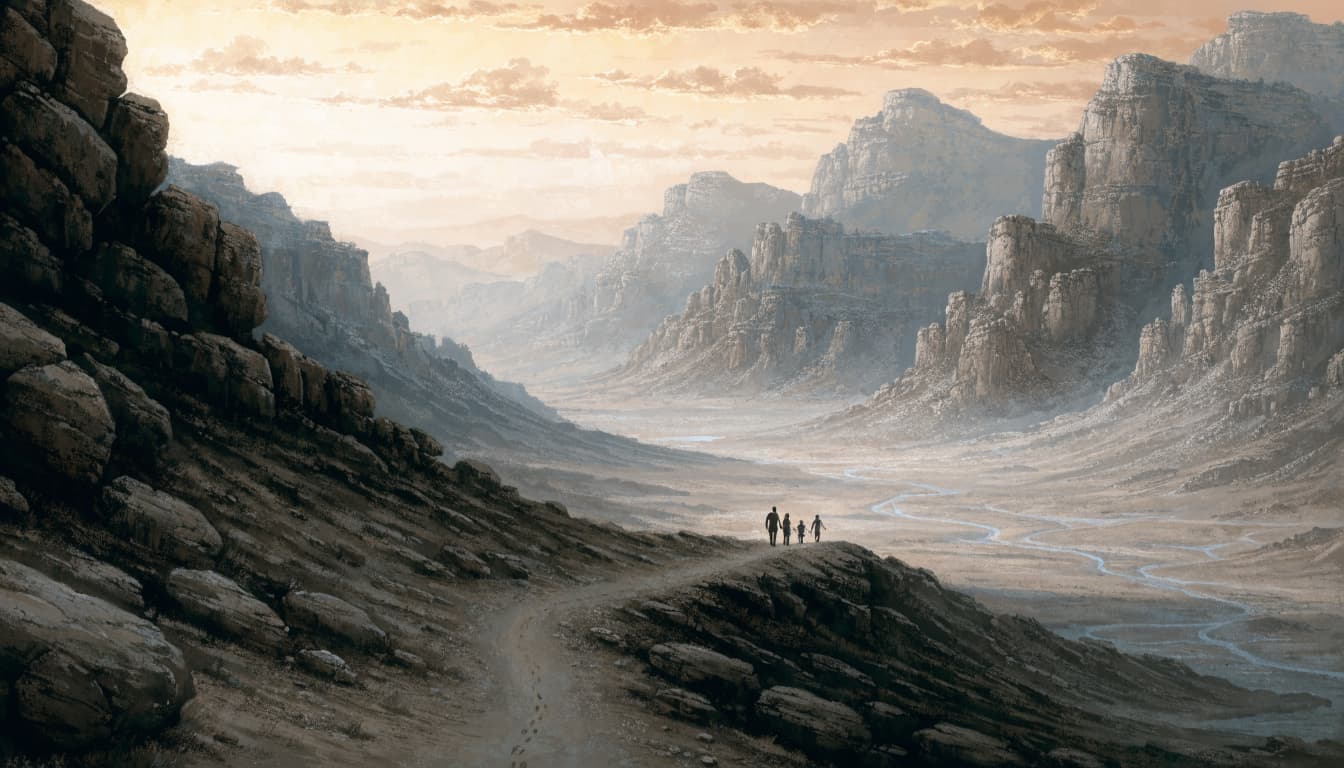 A family of four silhouettes walks along a desert path in a canyon landscape at dawn.