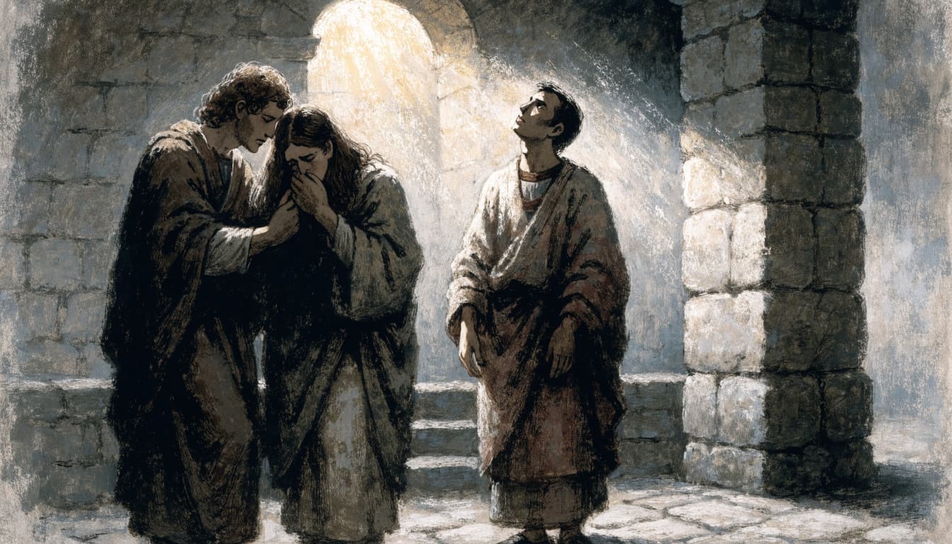 Three figures in robes stand in a stone courtyard with light streaming through an arch.
