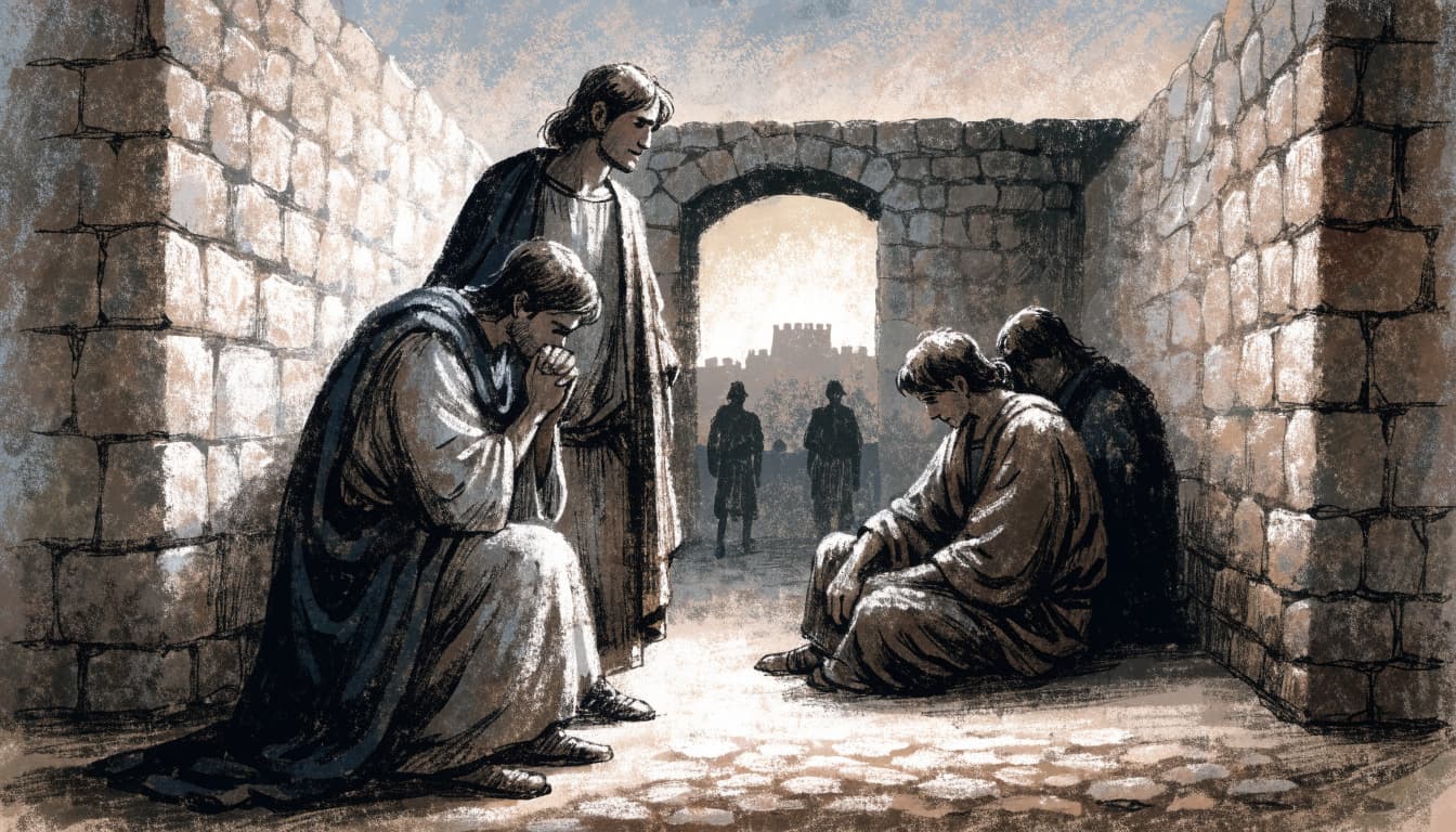An illustration of four people in a stone courtyard with watchful silhouettes in the background.