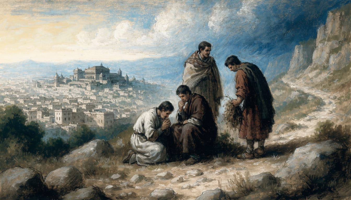 Four men in historical garments gather on a hillside overlooking a distant city under a cloudy sky.