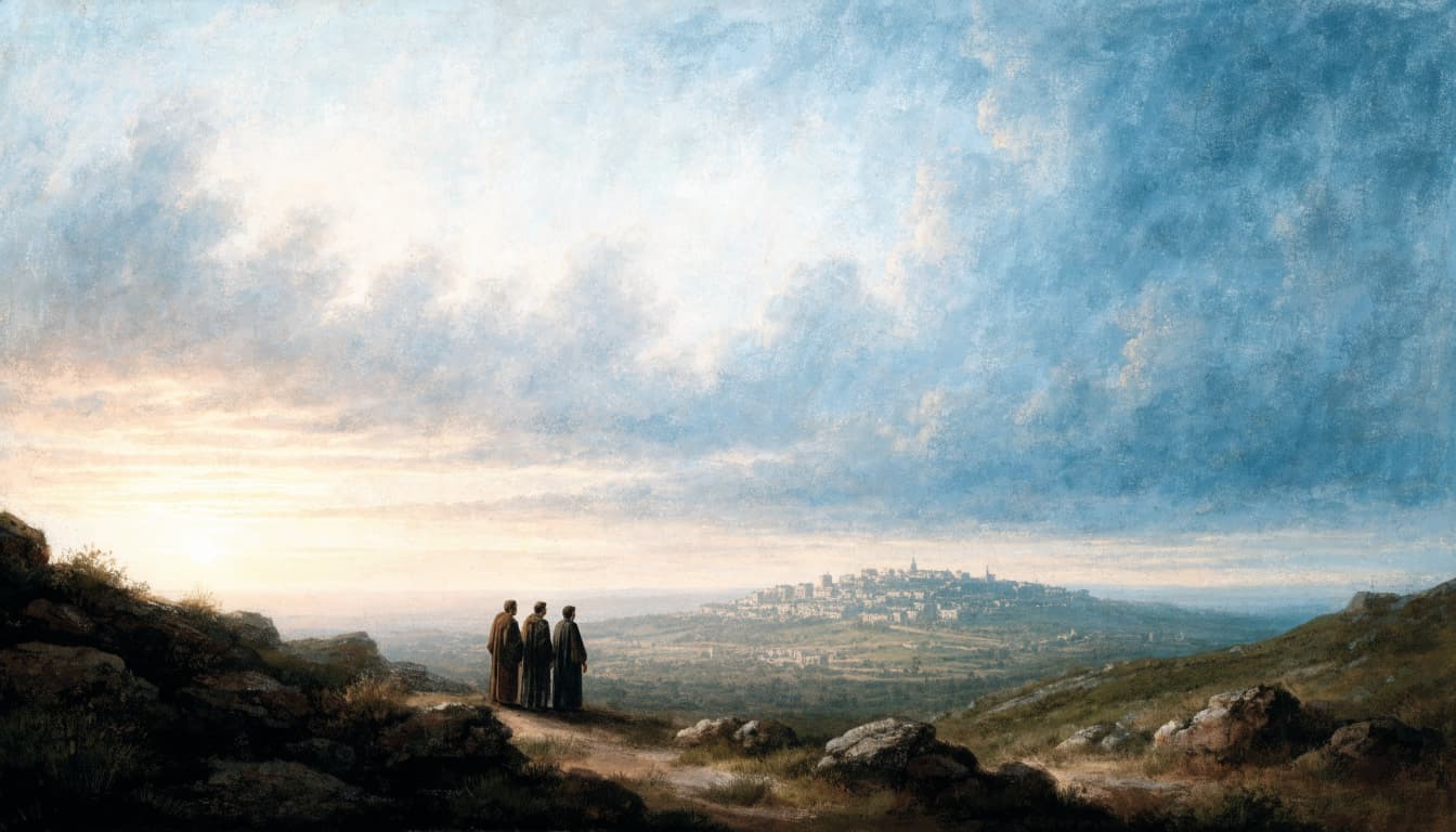 Three figures stand on a rocky hillside looking toward a distant city under a vast, cloudy dawn sky.