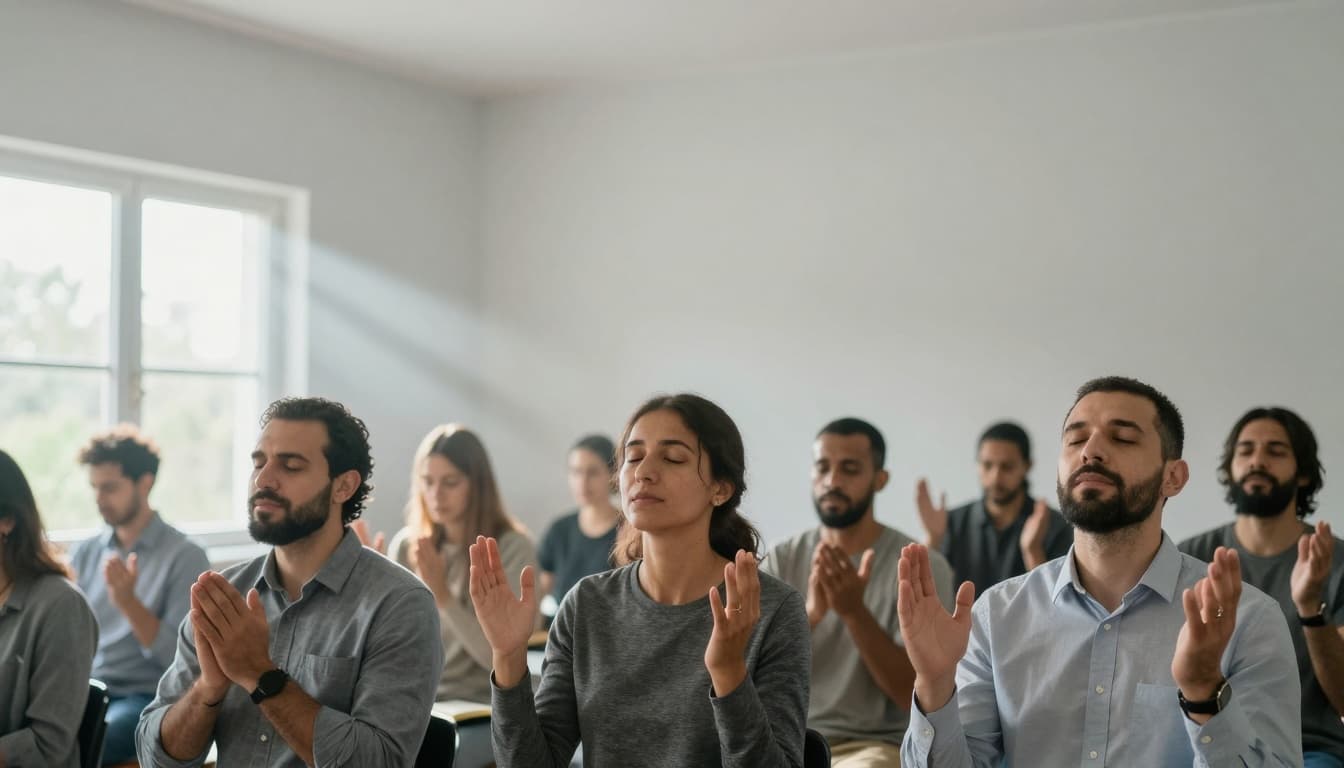 Modern believers praying together under soft light