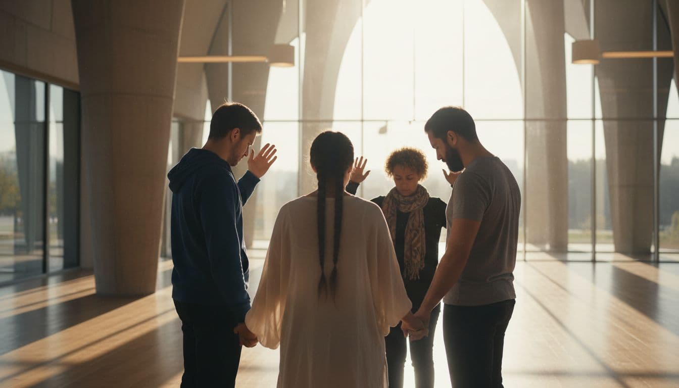 Four individuals stand in a circular formation within a contemporary church sanctuary, their hands raised or clasped in earnest prayer. Soft sunlight streams through large windows, bathing the scene in warmth.