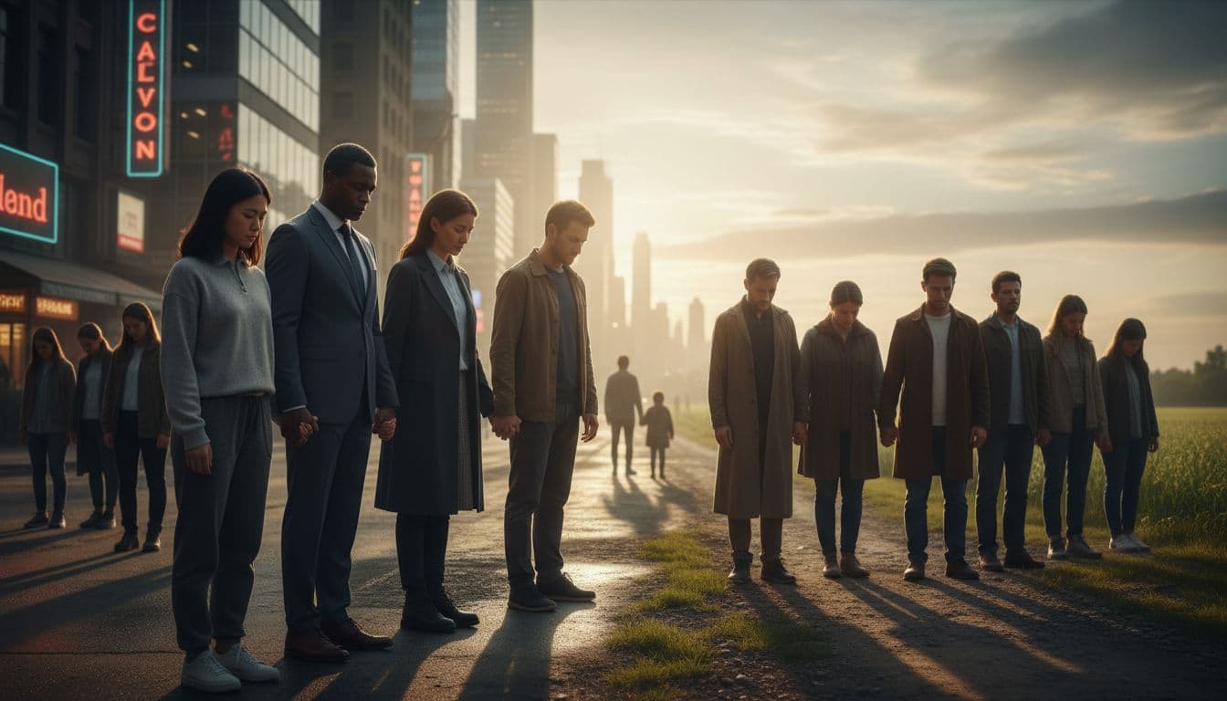 A diverse group of modern Christians standing together in quiet courage and prayer in urban and rural settings, conveying resilience and dignity.
