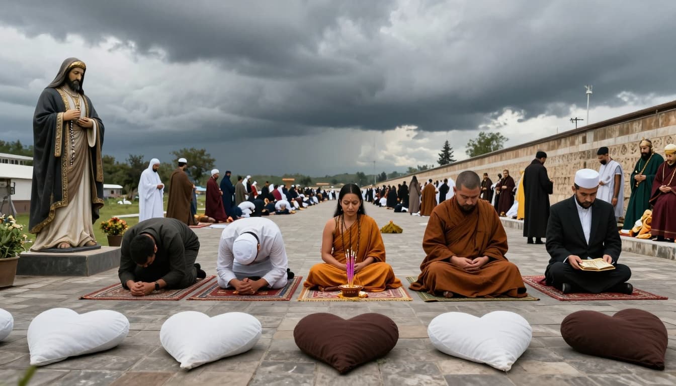 People from different religions bowing in prayer under stormy skies, symbolizing outward devotion mixed with false humility