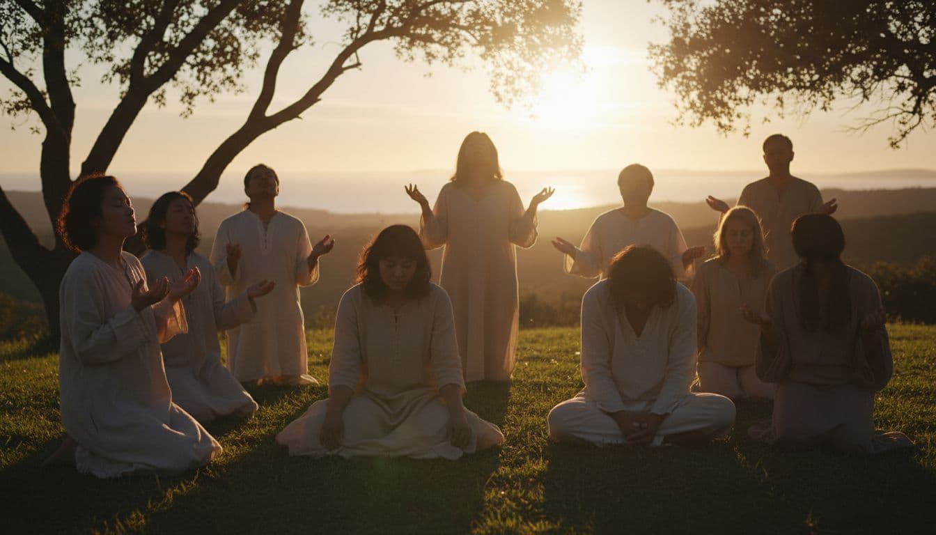 A diverse group praying quietly on a hillside at sunset, postures of humility and open hands lifted to God.