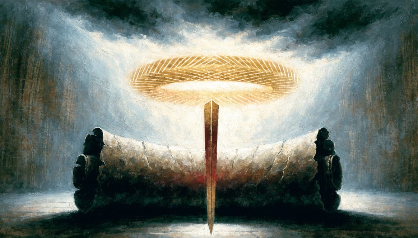 A glowing golden crown and a sword-shaped beam of light above an ancient scroll.