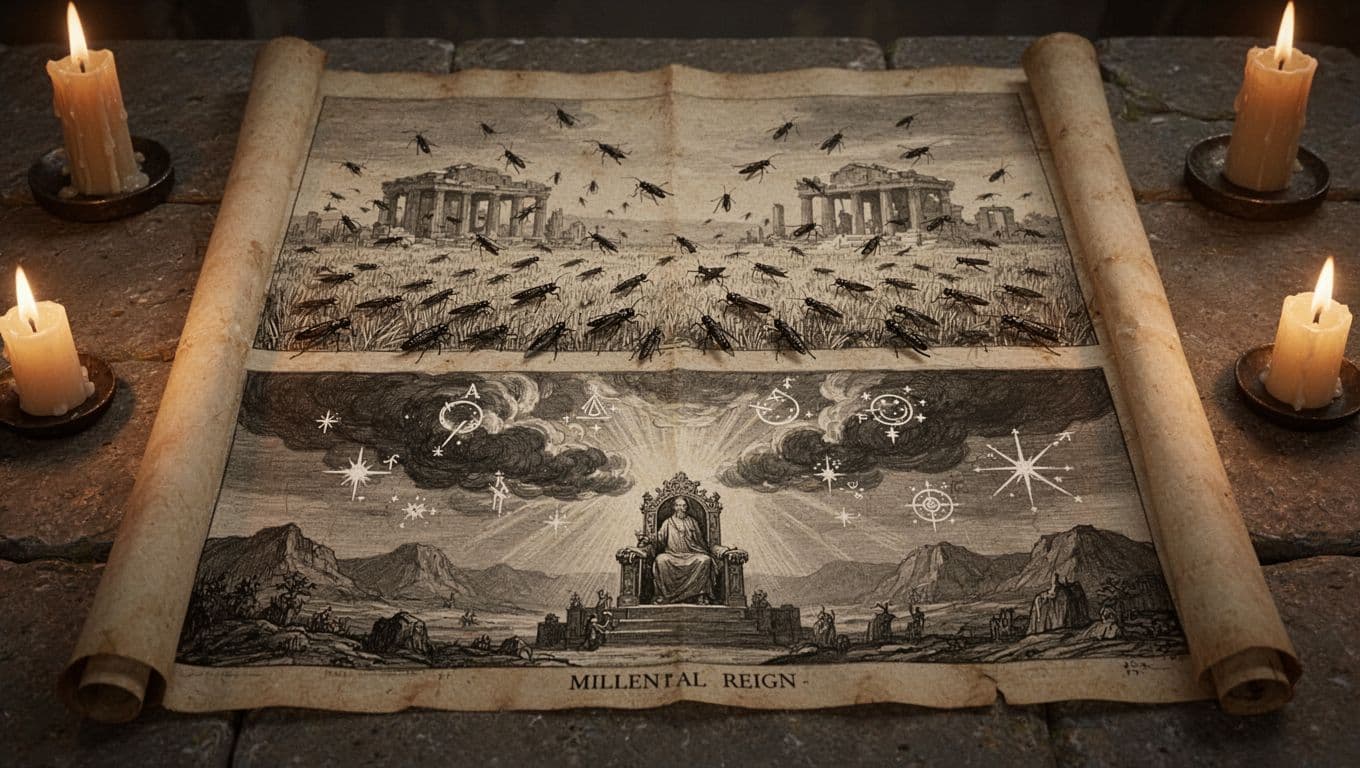 Unrolled ancient parchment on stone table shows ink-drawn top layer of locusts invading fields and temple shadows, bottom layer of darkened skies, cosmic signs, and millennial throne.