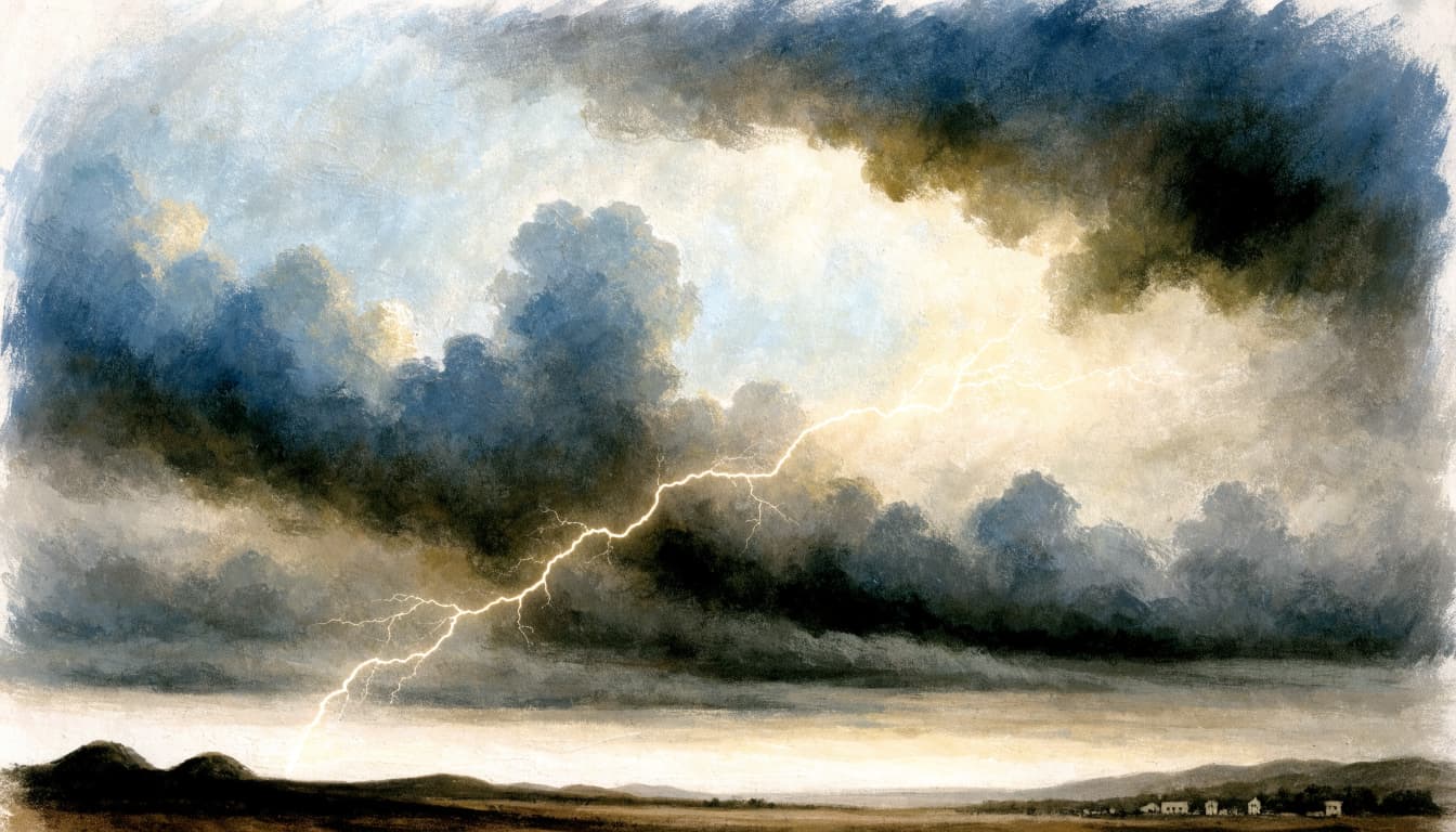A hand-painted illustration of a lightning flash across a stormy sky over distant hills.