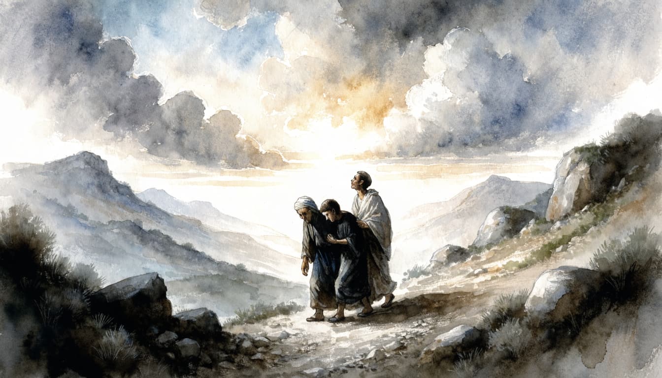A watercolor illustration of three people walking together on a rocky path beneath a cloudy sky at dawn.
