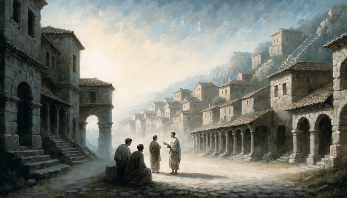 A painterly illustration of four people gathered in an ancient Mediterranean stone street.