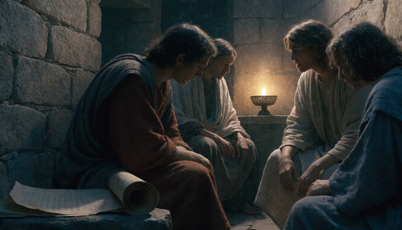 Four early Christian believers gathered around an oil lamp in a simple stone room.