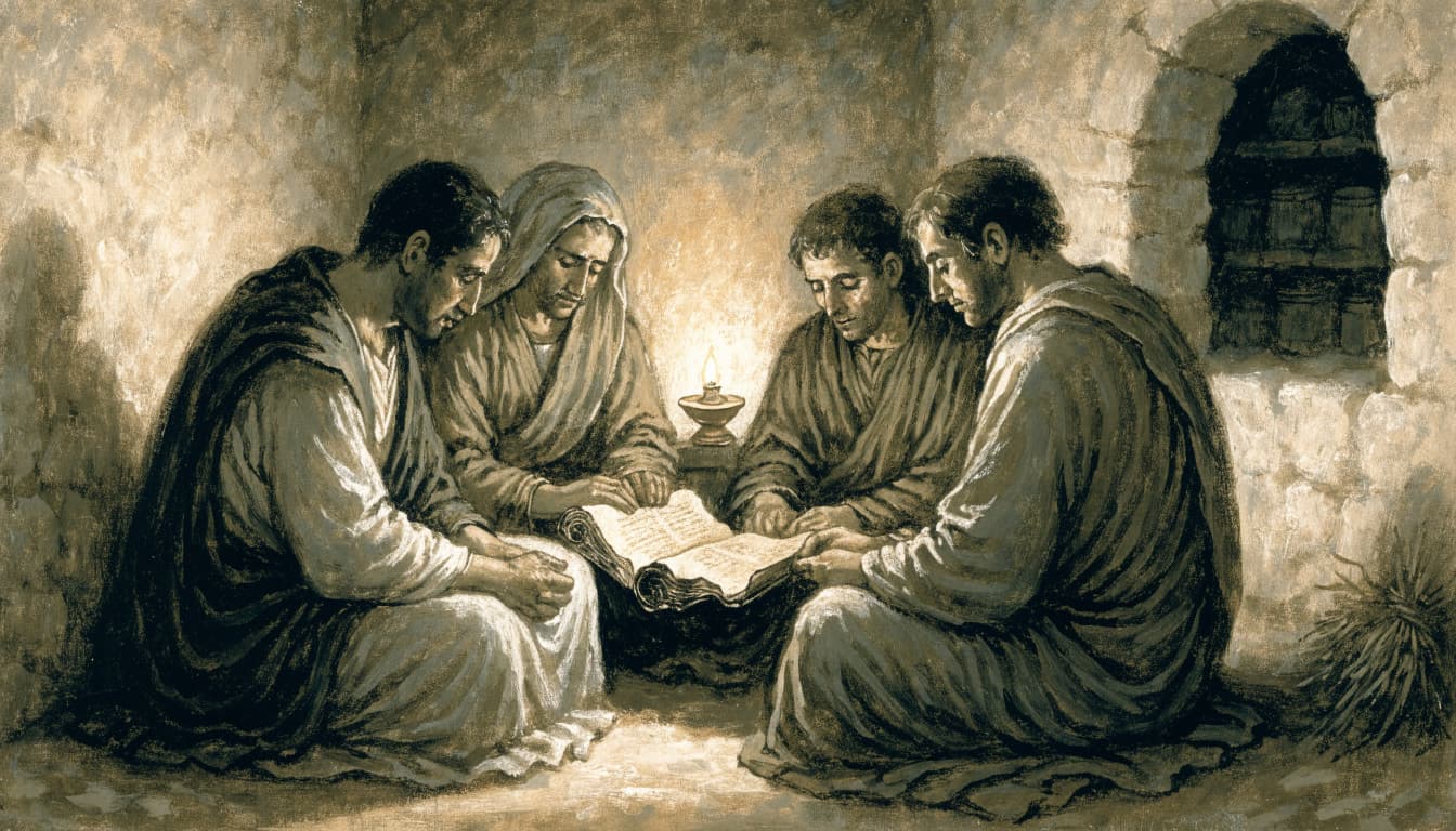 Four adults in historical attire gather around an open scroll and a lit oil lamp in a stone room.