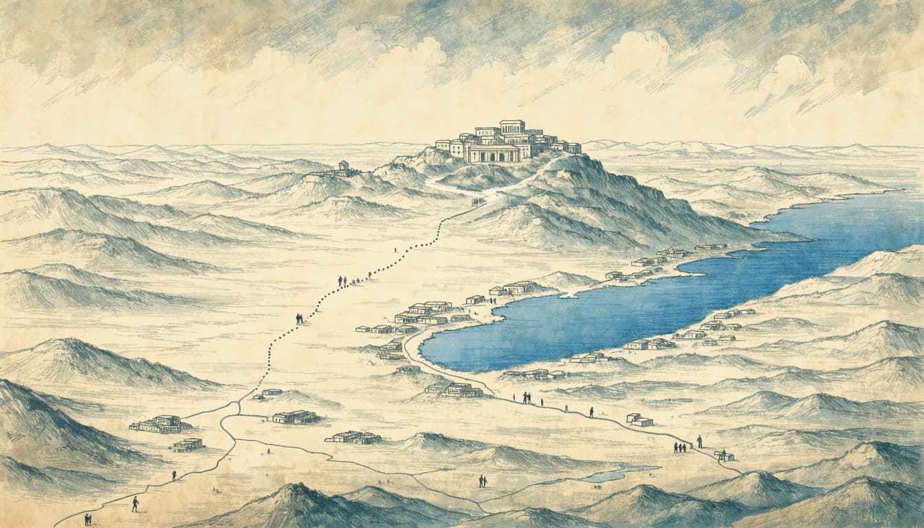 An illustrated map-like biblical scene showing ancient terrain, a city on a hill, and tiny travelers.