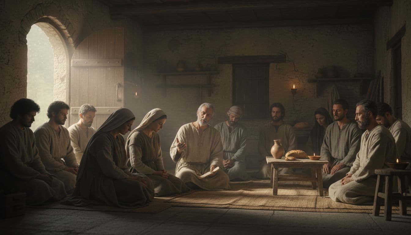 A small group of ancient believers sits on simple woven rugs within a humble stone home. Sunlight streams through an open doorway, illuminating their bowed heads during a moment of prayer.