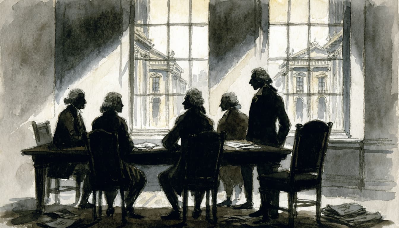 Watercolor illustration of five 18th-century delegates in silhouette at a table before tall windows.