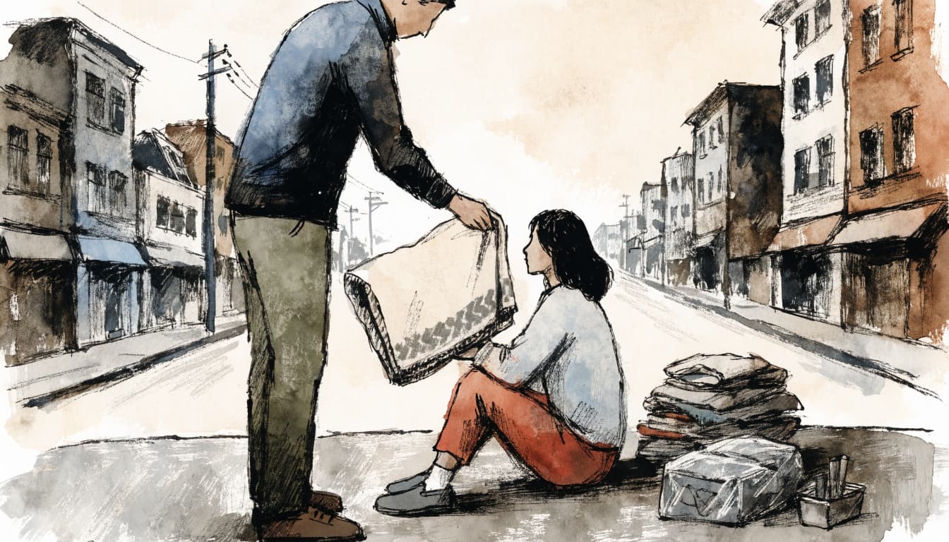 Watercolor and ink illustration of a person handing a blanket to a seated person on a street.
