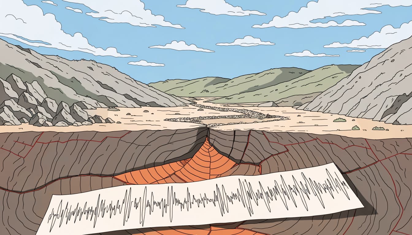 A cross-section illustration of Earth's crust with a fault line and a seismograph trace in the foreground.