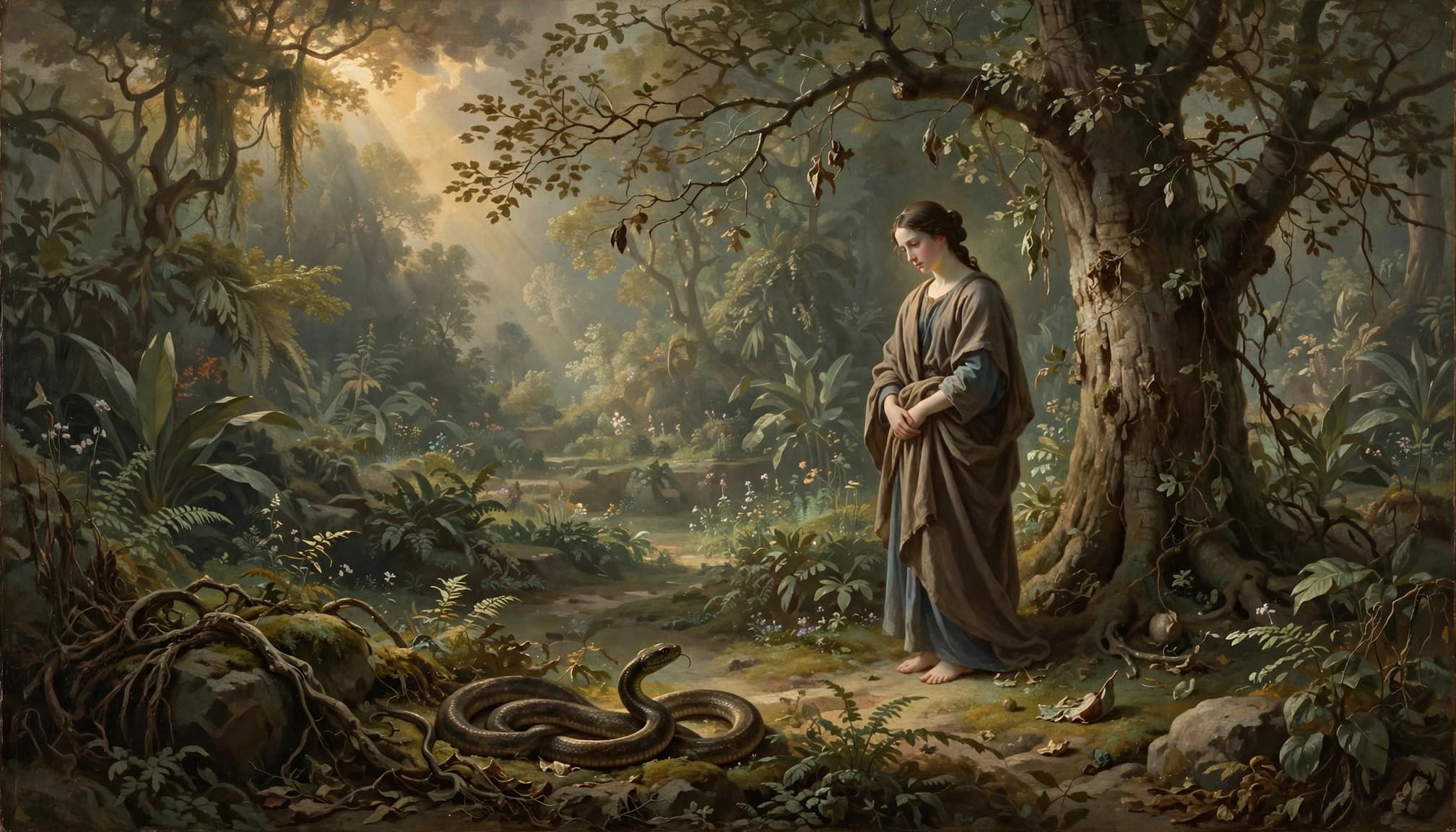 A woman stands by a large tree in a lush forest while a serpent rests on the ground.