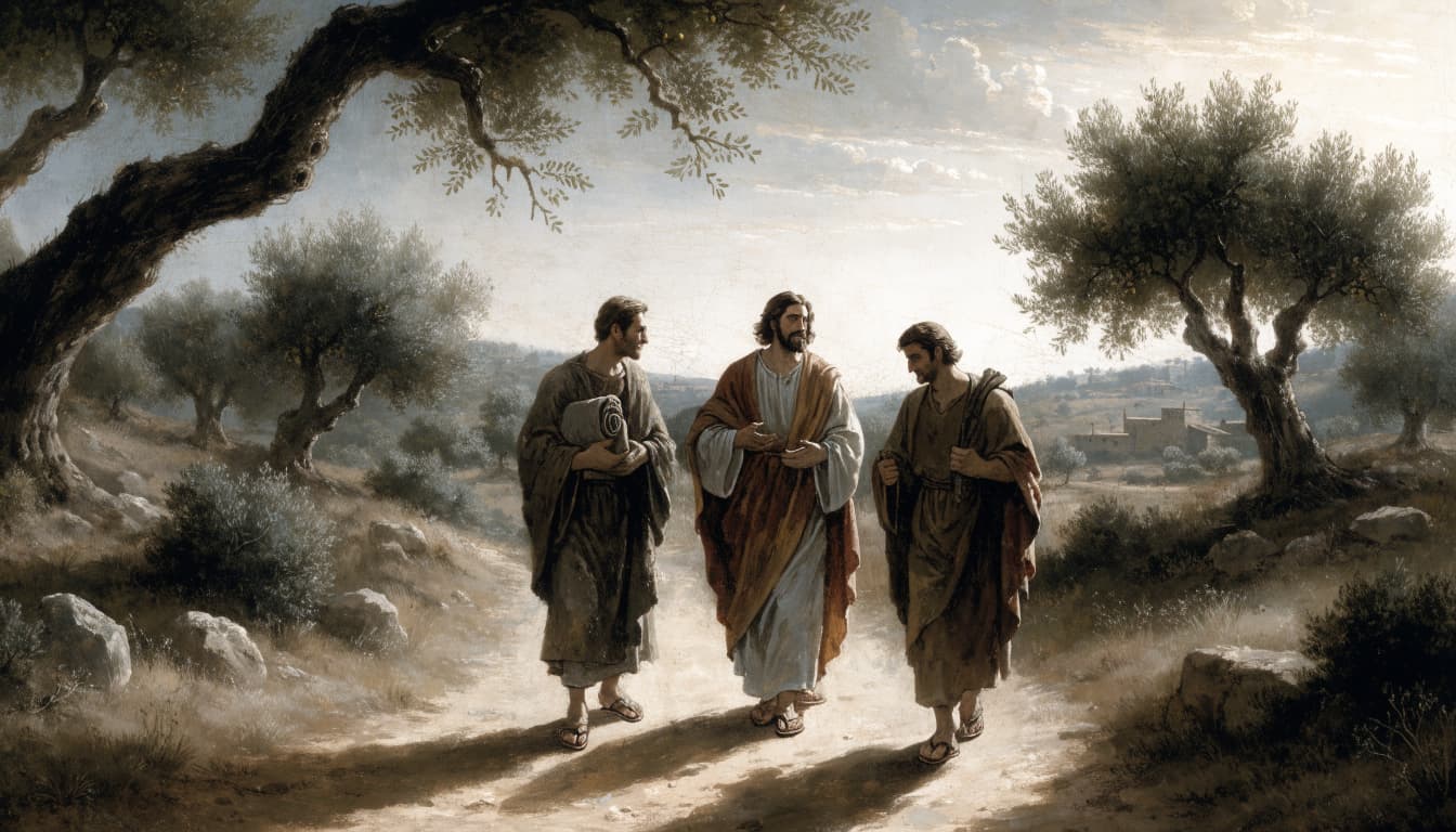 Three men in ancient robes walking together on a dirt path among olive trees.