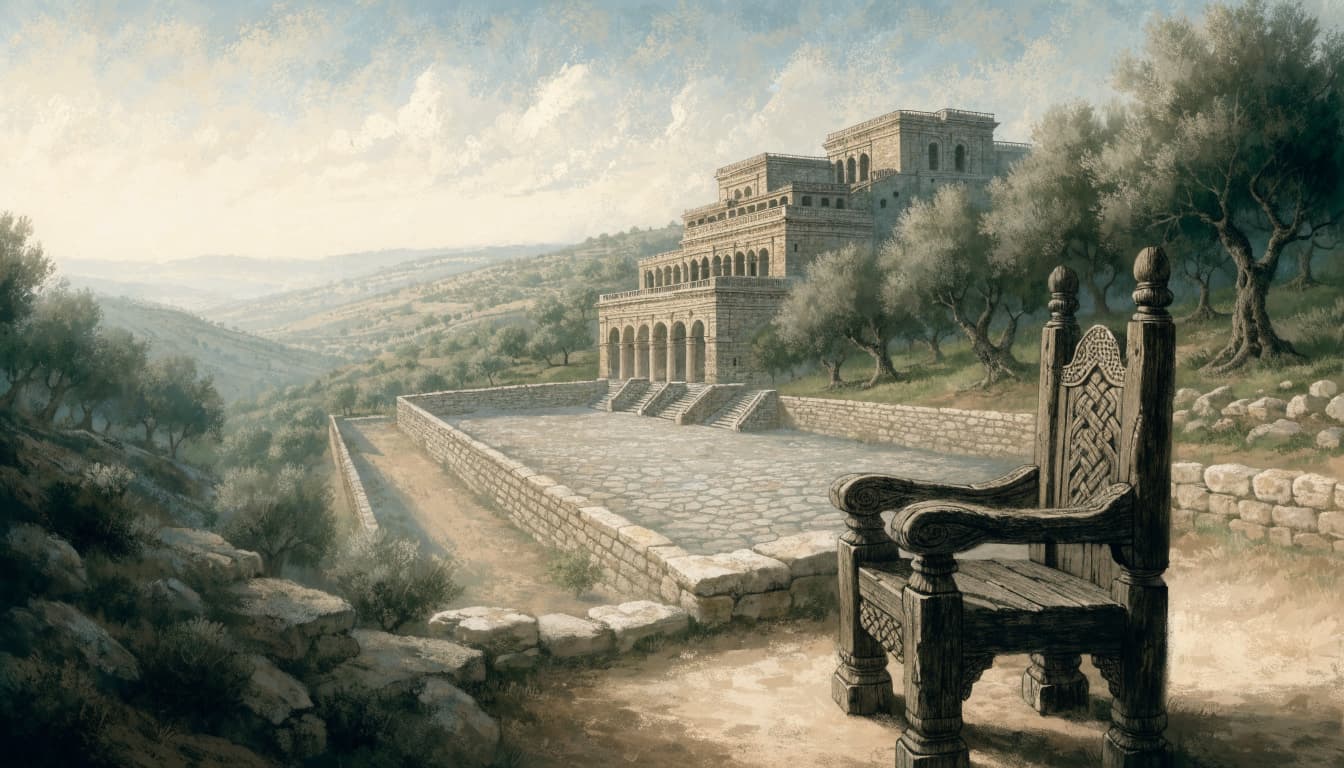 An empty carved wooden throne stands in the foreground beside a stone temple courtyard and olive trees.
