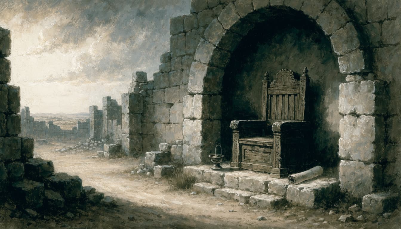 An empty stone throne sits under an archway with an oil lamp and a scroll nearby.