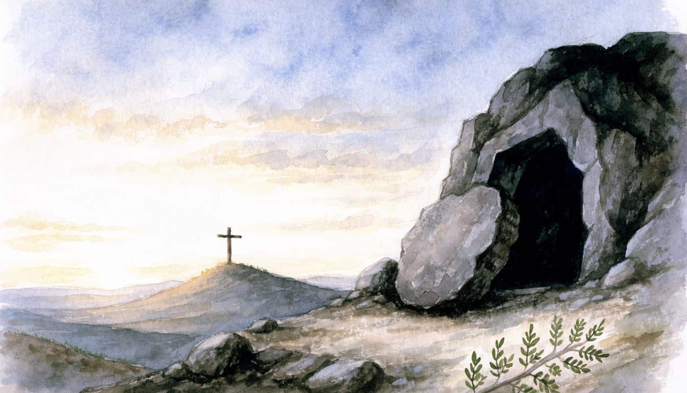 A watercolor landscape of an empty tomb at dawn with a distant cross on a hill.