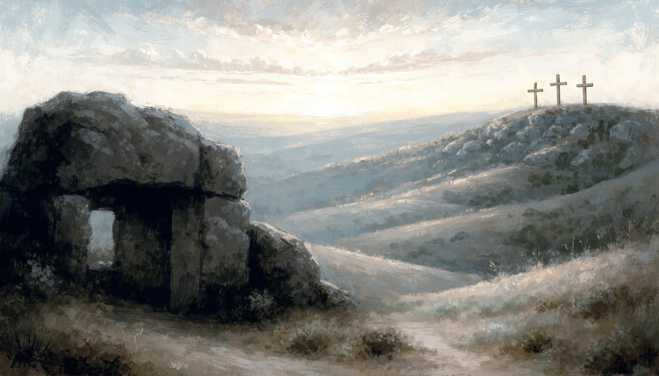 A painterly landscape of an empty stone tomb with three crosses on a distant hill at dawn.