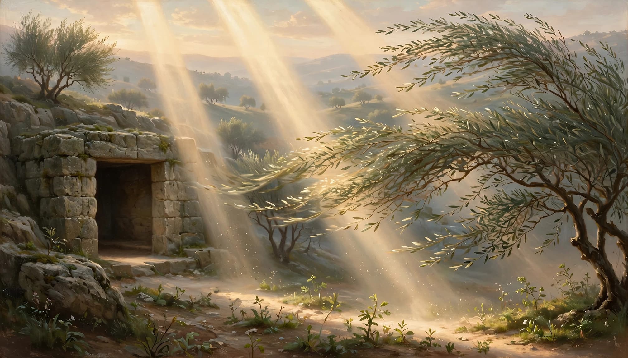 An empty stone tomb with radiant dawn light and a bright path through olive branches.