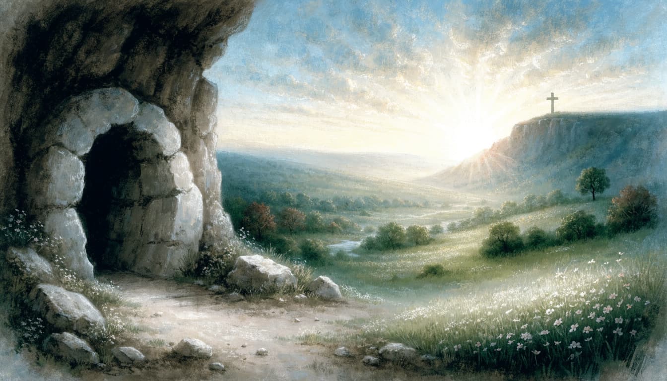 A rock-cut tomb on the left opens to a sunny green valley with a distant cross on a hill at sunrise.