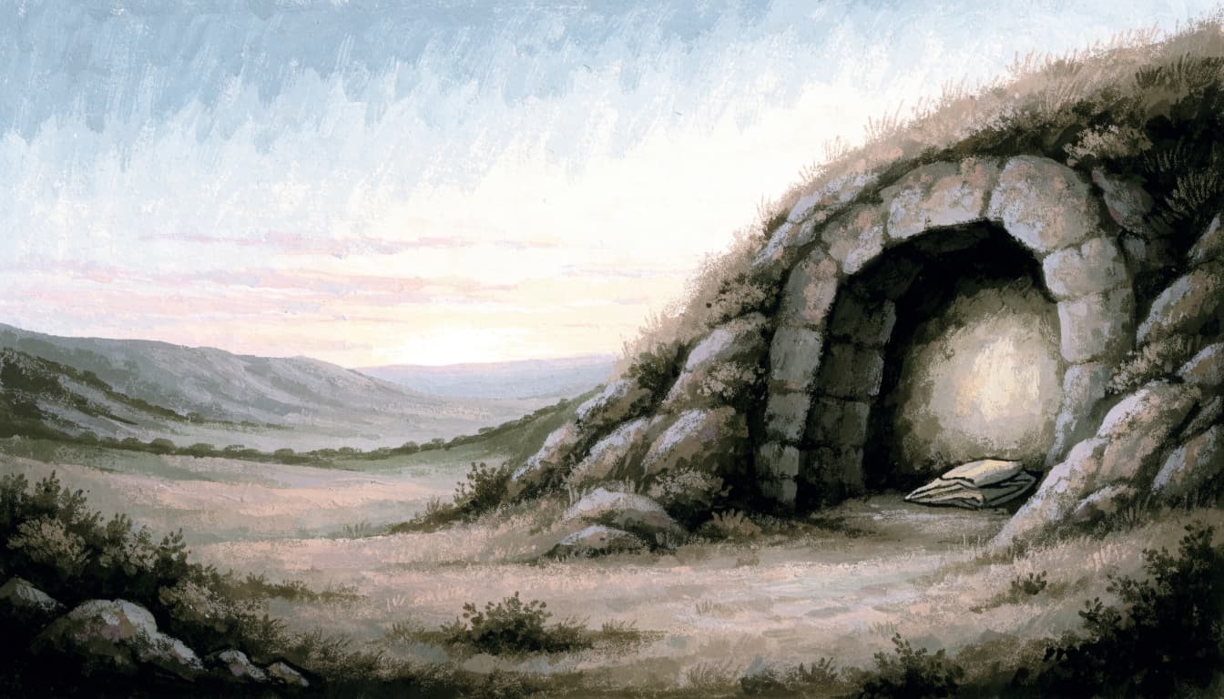 An illustrated landscape at sunrise showing an empty stone tomb entrance with folded cloth inside.