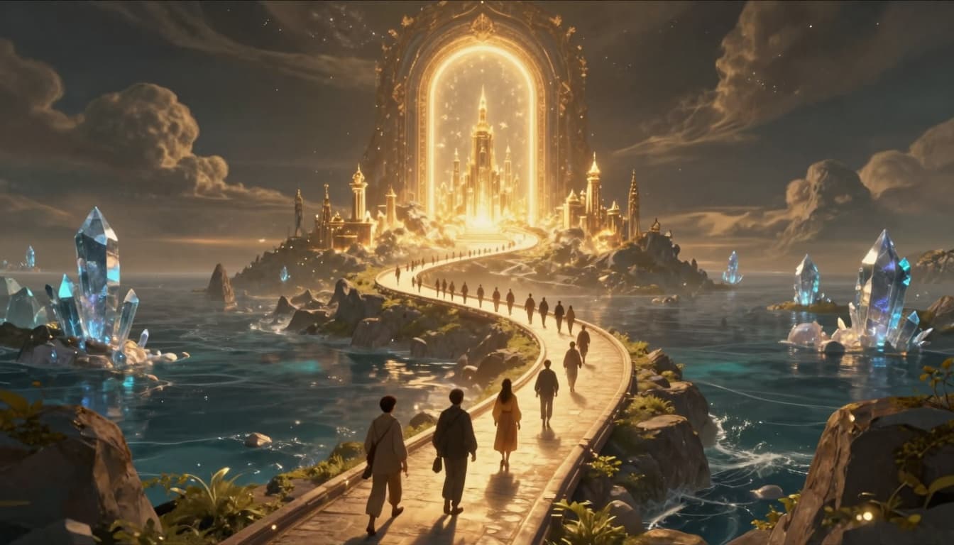 A winding path from a broken earth into a glowing new creation, symbolizing our journey from trials into eternity with God. 