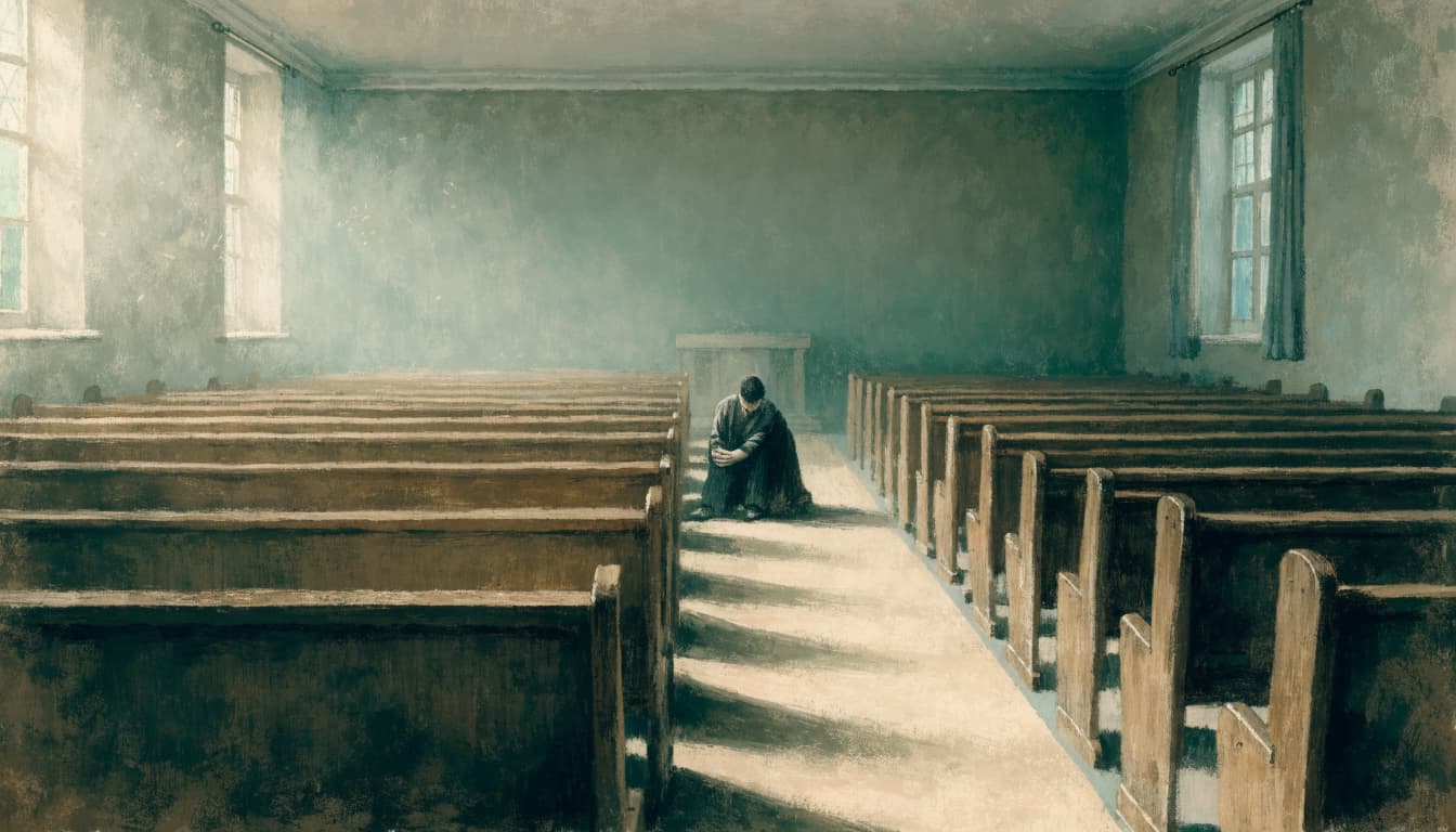 A person sits with bowed head on the floor in a quiet church sanctuary.