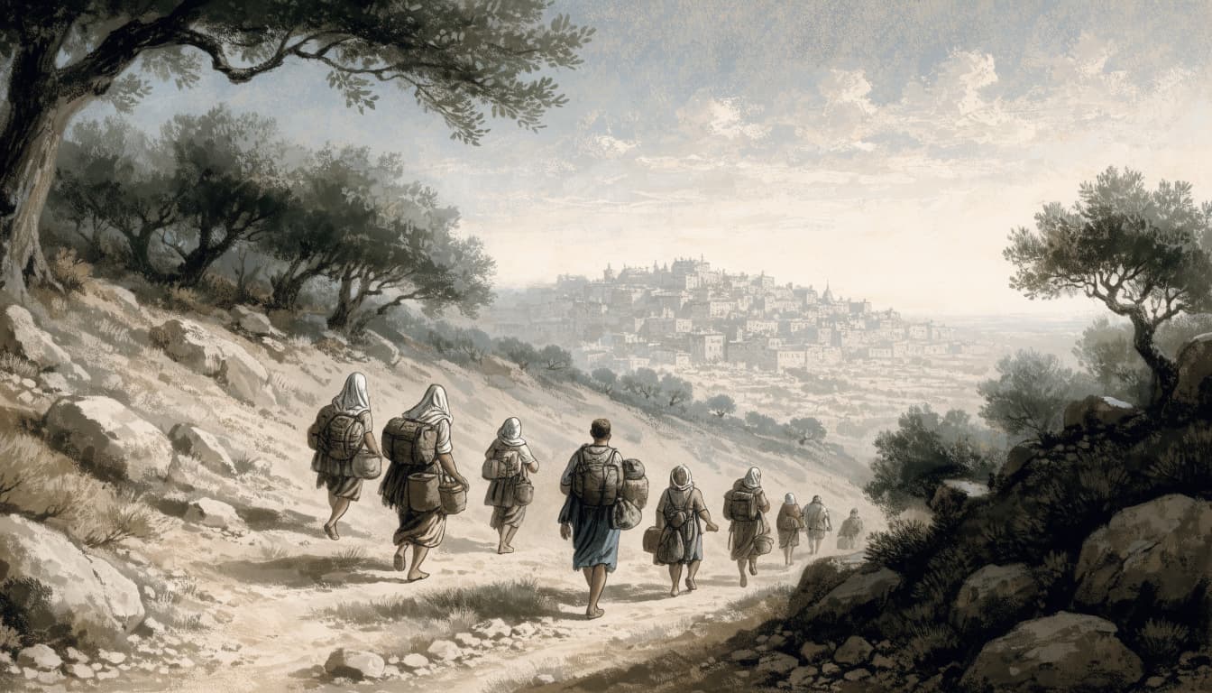 An illustration of families and travelers walking away along a rocky hillside path toward a distant city.