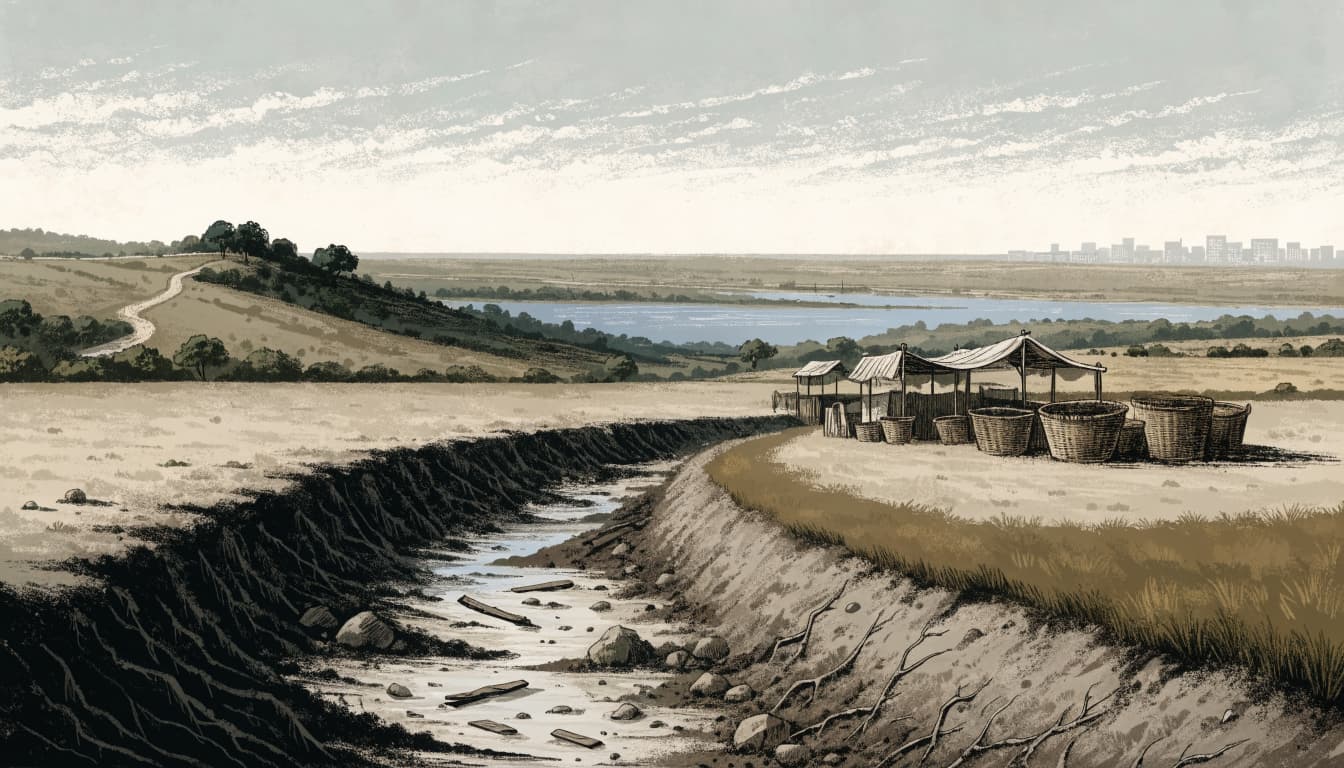 An illustration of a dry agricultural landscape with a damaged irrigation channel and empty baskets.
