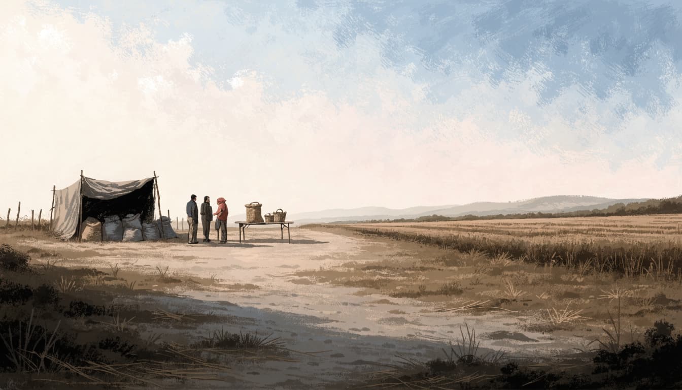 A painted landscape with three people standing near a modest tent and a table with baskets by a dry field.