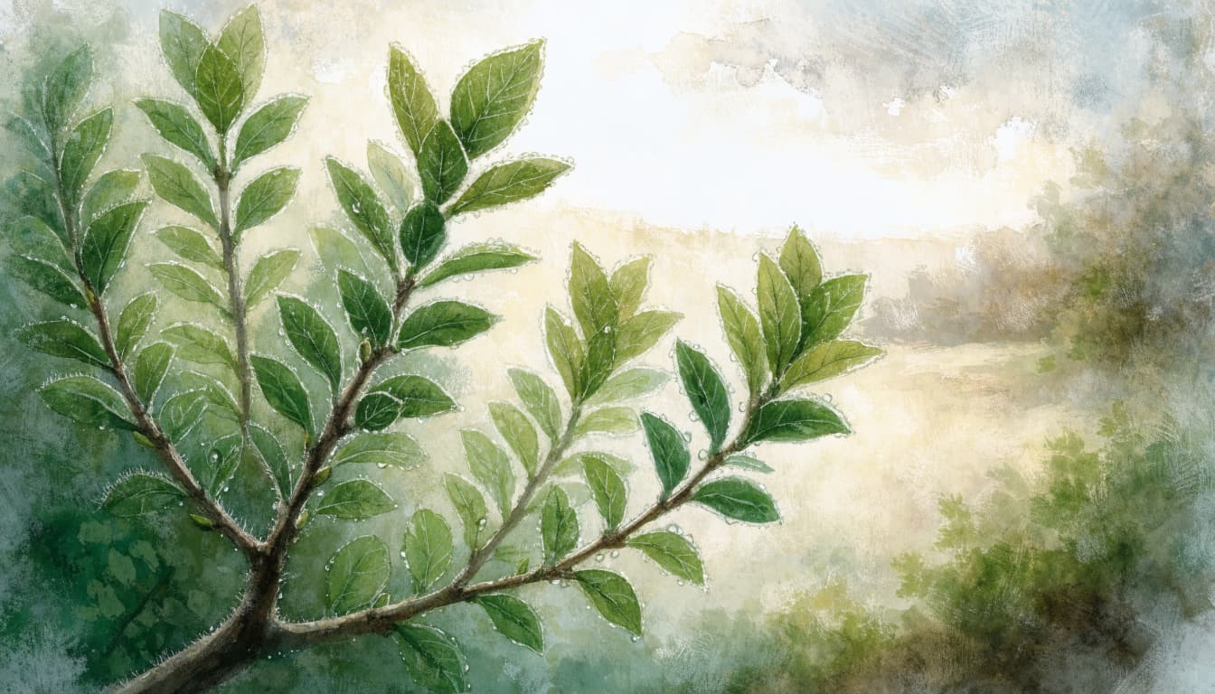 A watercolor illustration of a green leafy tree branch against a soft, sunlit background.