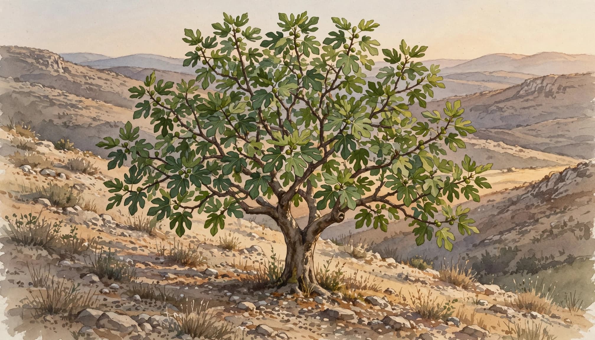 A watercolor illustration of a single mature fig tree on a dry hillside.