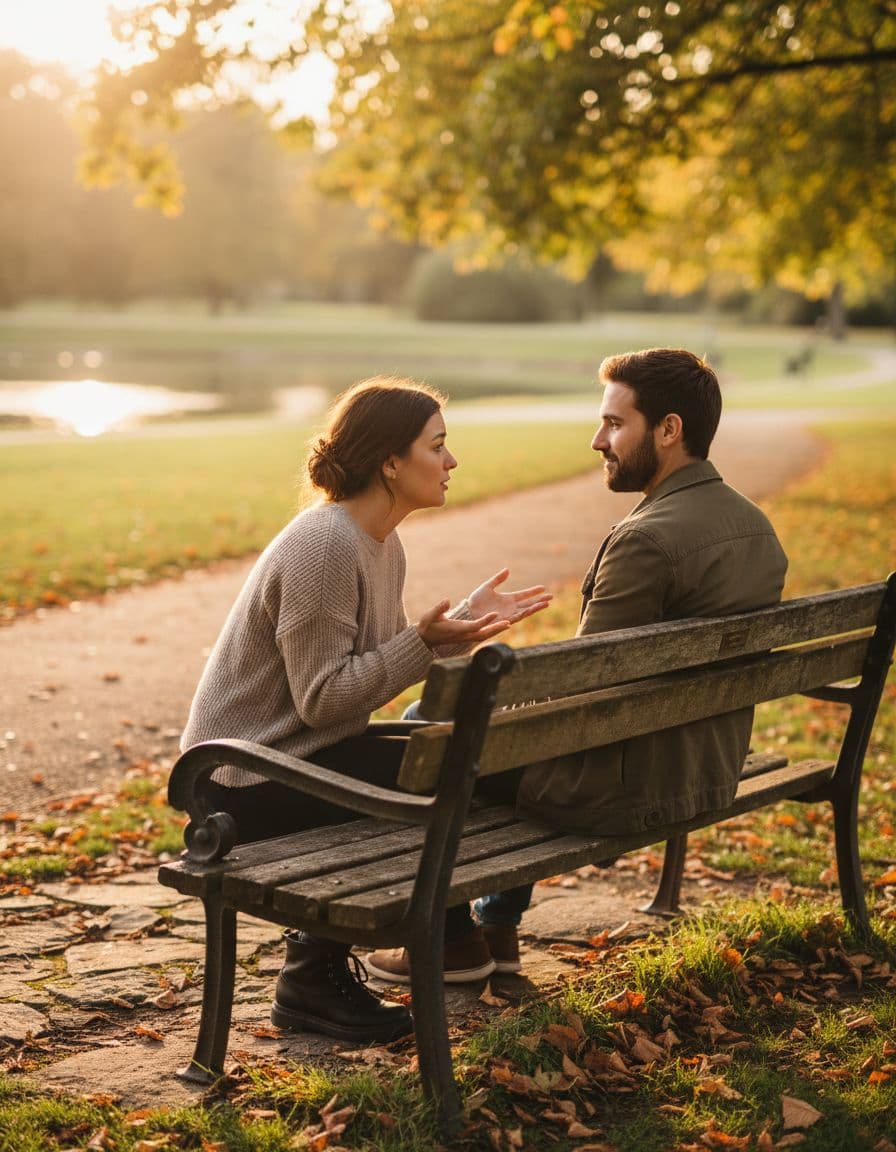Two friends in a warm, calm park setting having a private, honest conversation on a bench.