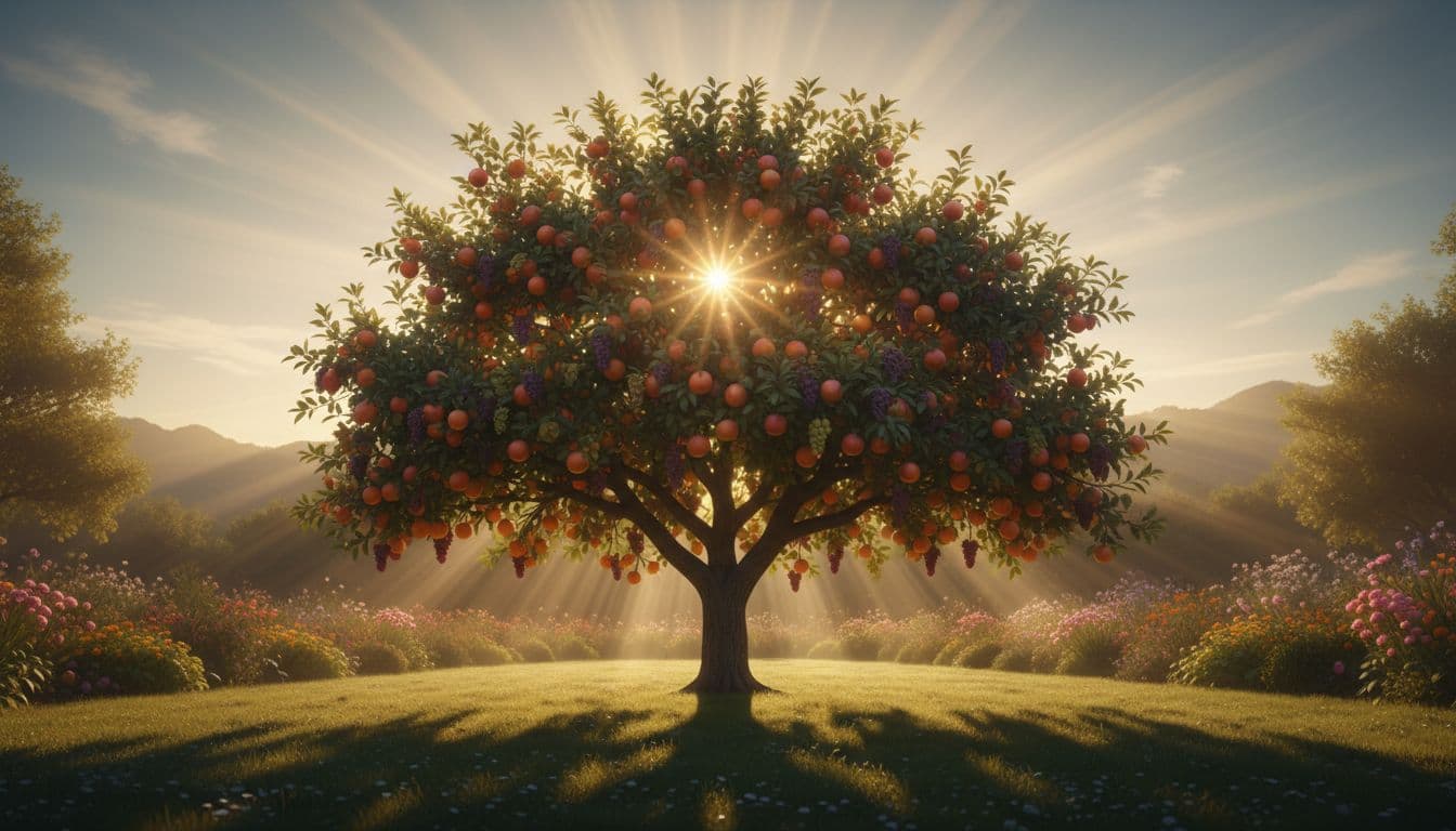 A single majestic fruit tree laden with colorful ripe fruits like apples, oranges, and grapes in a peaceful garden at golden hour dawn, featuring cinematic style with high contrast and dramatic lighting.