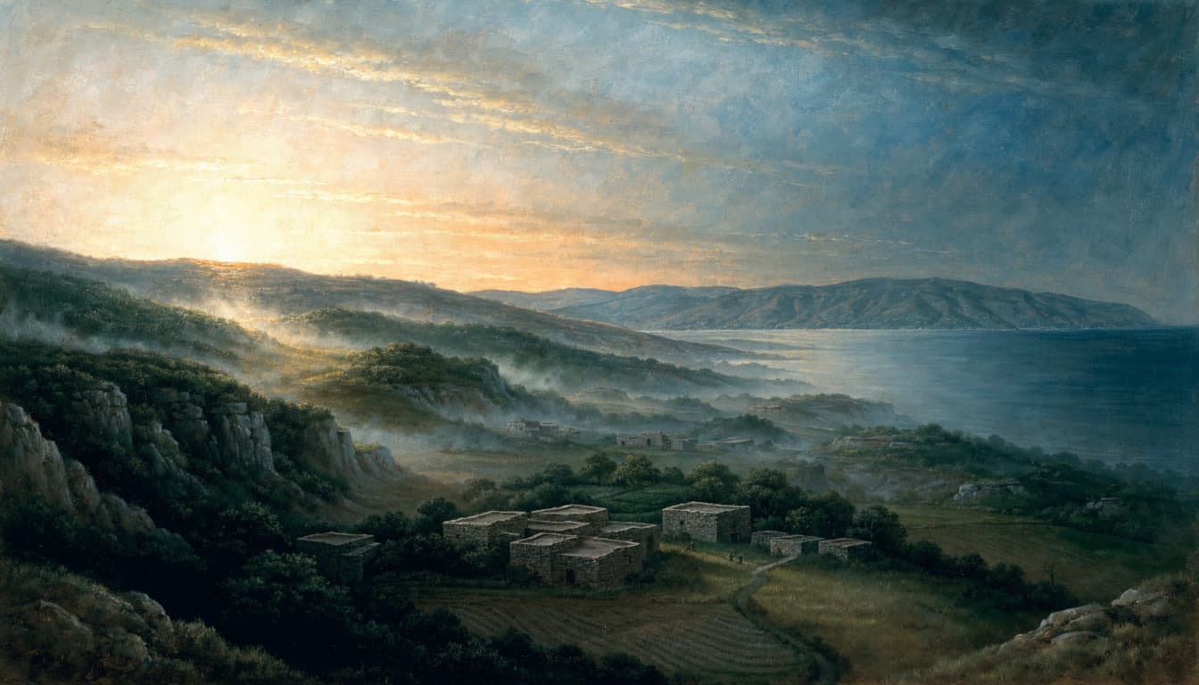 A wide painterly landscape of dawn breaking over stone homes in a valley near a body of water.