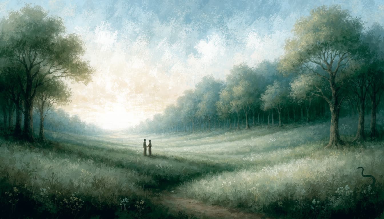 An illustrated landscape at dawn with two small figures in a vast grassy field and a snake in the foreground.