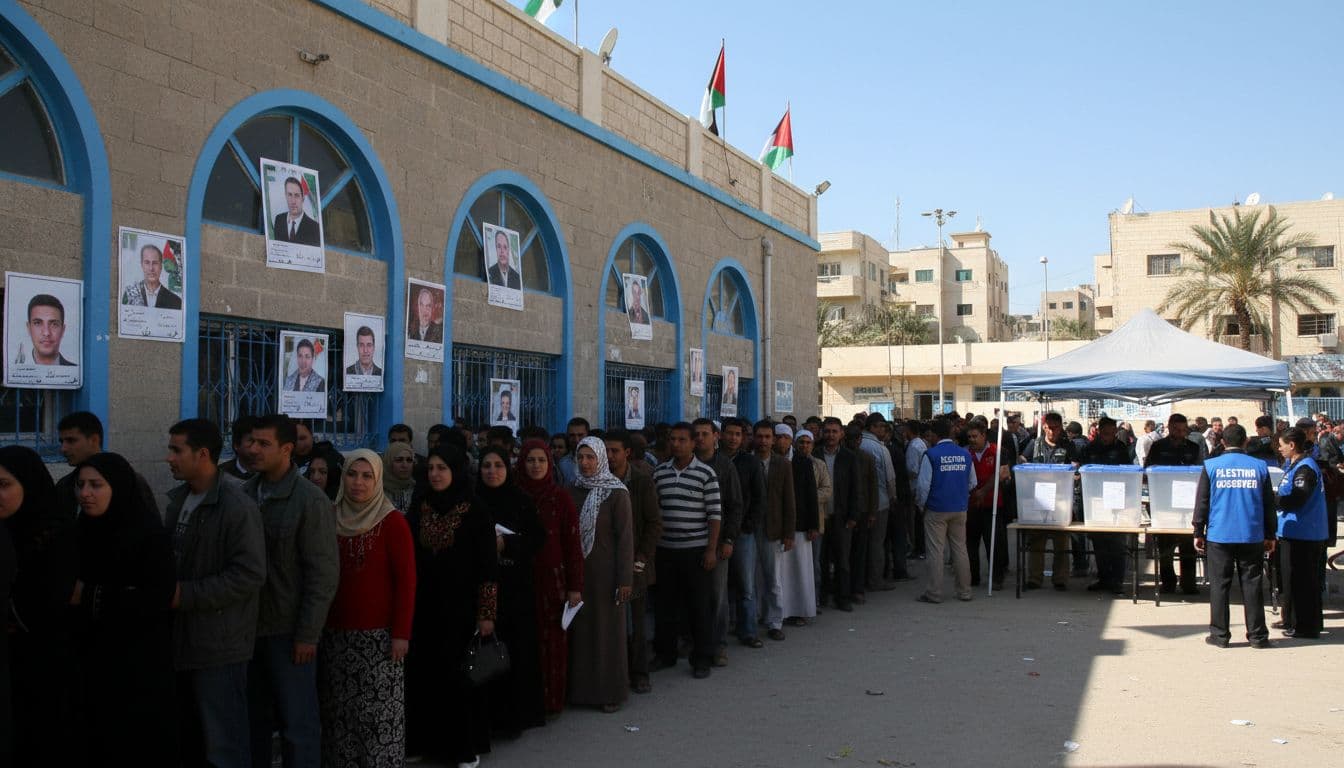 A lively scene at a Gaza polling station during the 2006 Palestinian elections, with diverse crowds lining up to vote outside a school, ballot boxes in view, Palestinian flags waving, and observers present under bright daylight.