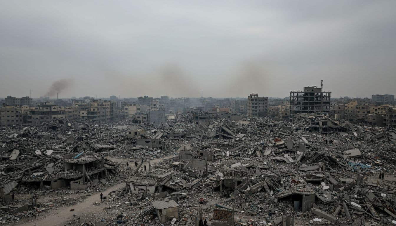 Wide-angle landscape view of Gaza cityscape covered in rubble from destroyed buildings post-conflict, with faint smoke, distant figures searching debris under overcast skies, realistic style emphasizing somber desolation and detailed textures.