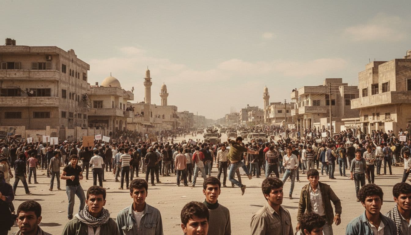Landscape view of Gaza City in the late 1980s during the First Intifada, featuring crowded streets with protesters, stone-throwing youth, Israeli military vehicles, residential buildings, mosques, dusty atmosphere under bright sun.